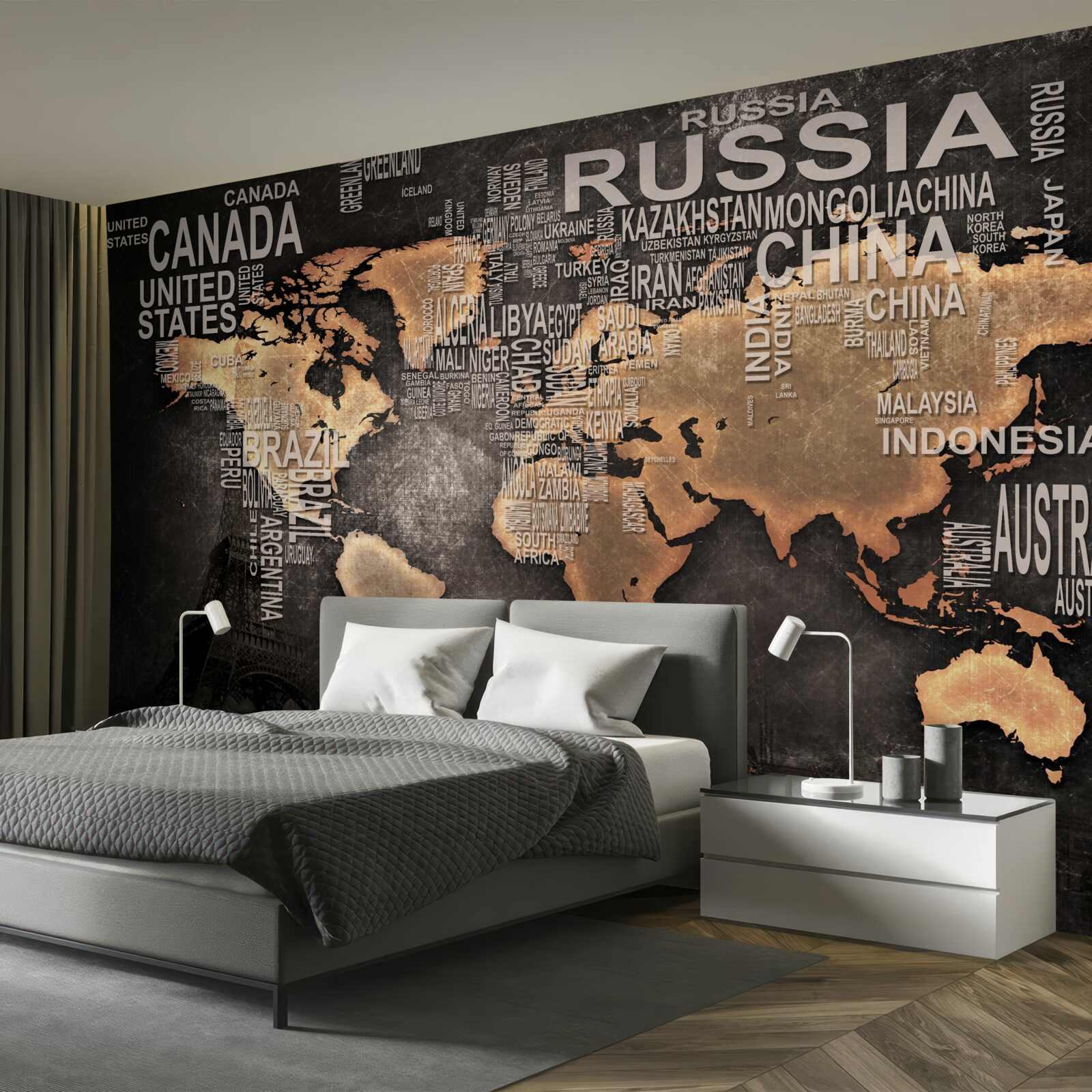 Fotobehang kaart van de wereld in donkere kleuren met de namen van de grootste staten