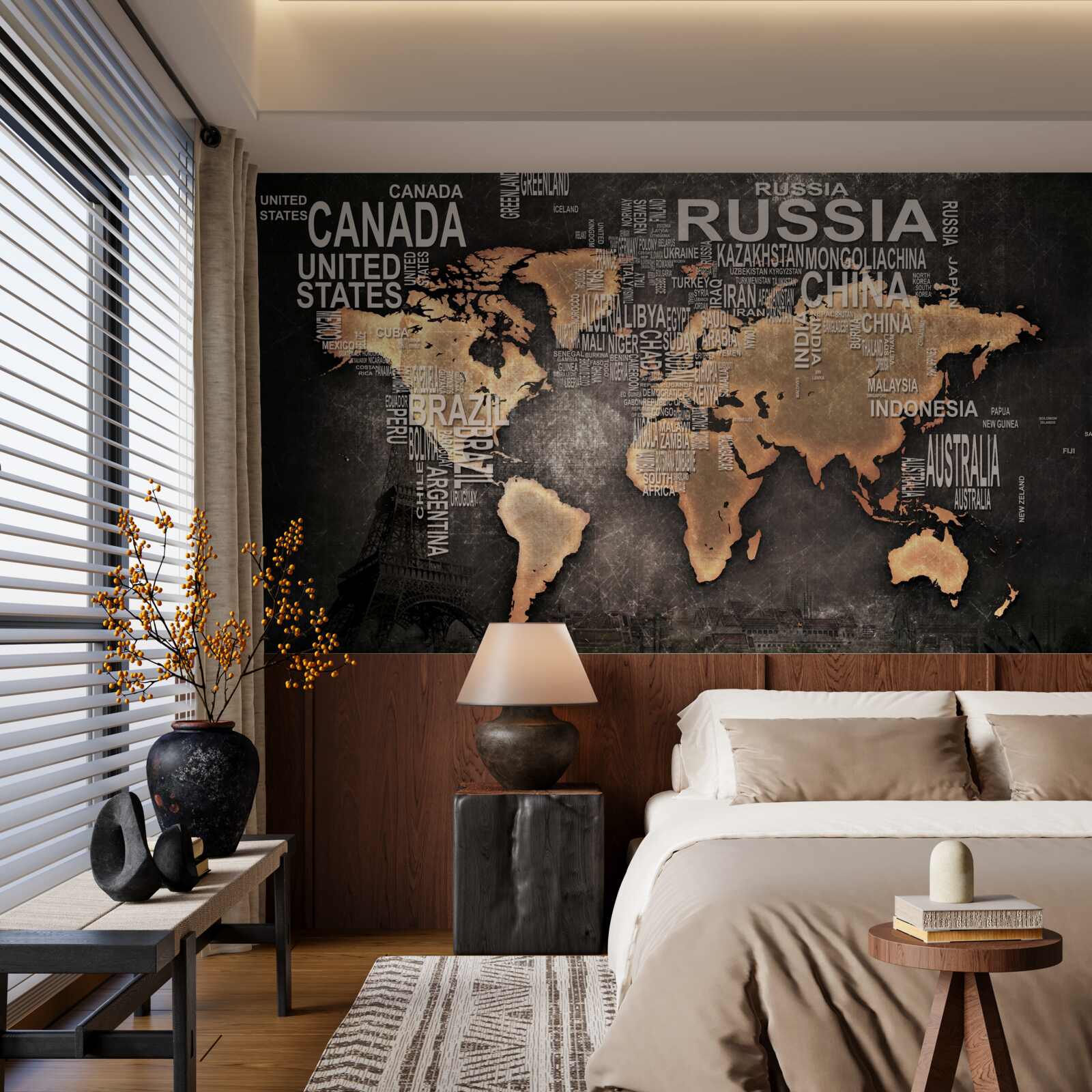 Fotobehang kaart van de wereld in donkere kleuren met de namen van de grootste staten