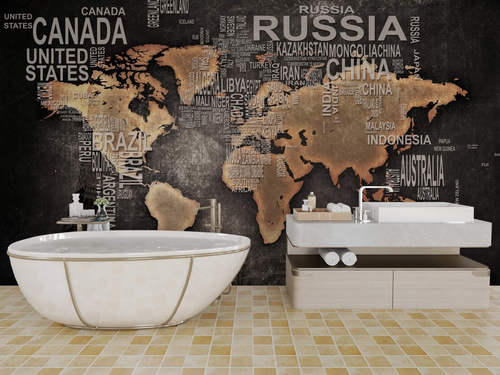 Fotobehang kaart van de wereld in donkere kleuren met de namen van de grootste staten