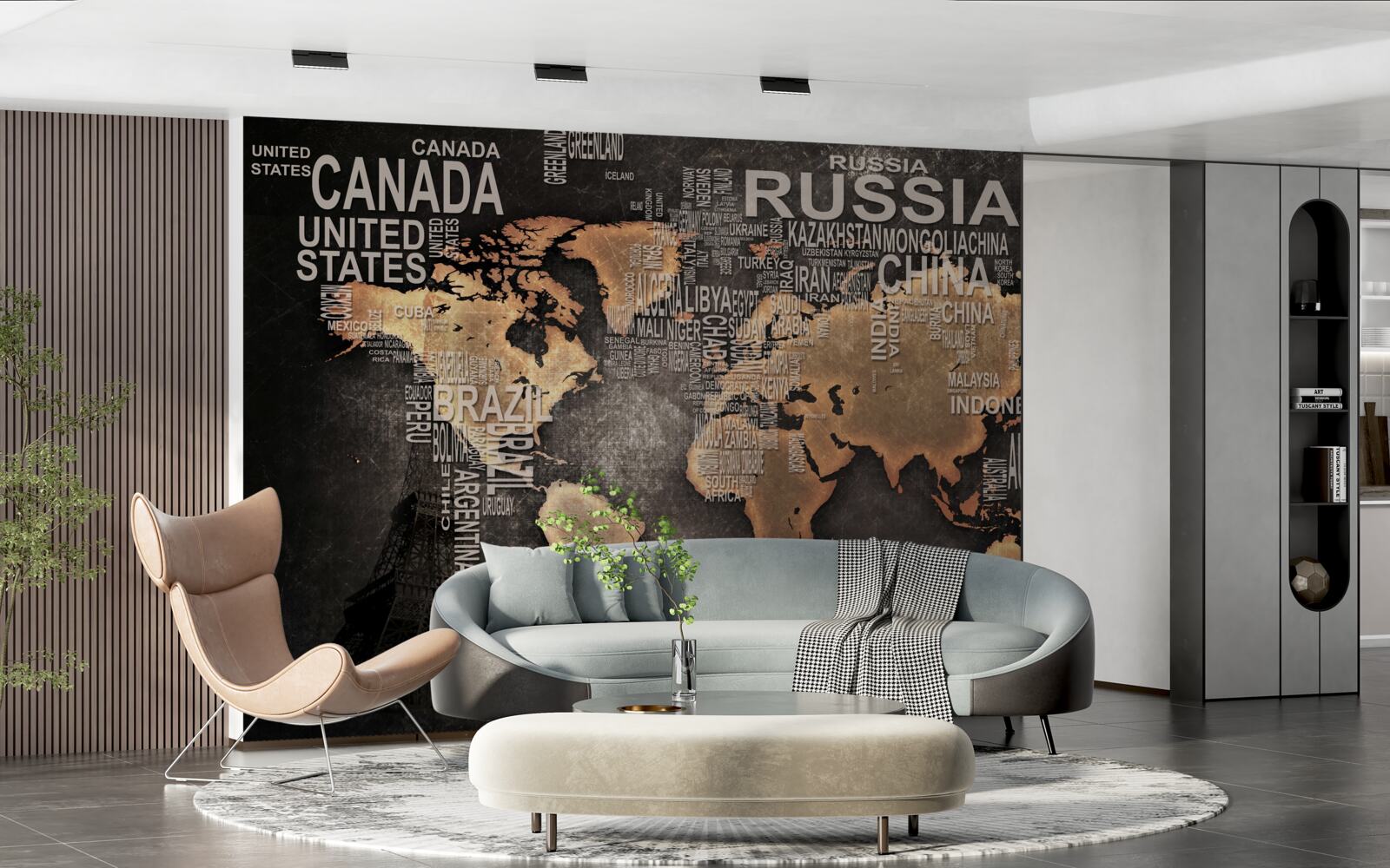 Fotobehang kaart van de wereld in donkere kleuren met de namen van de grootste staten