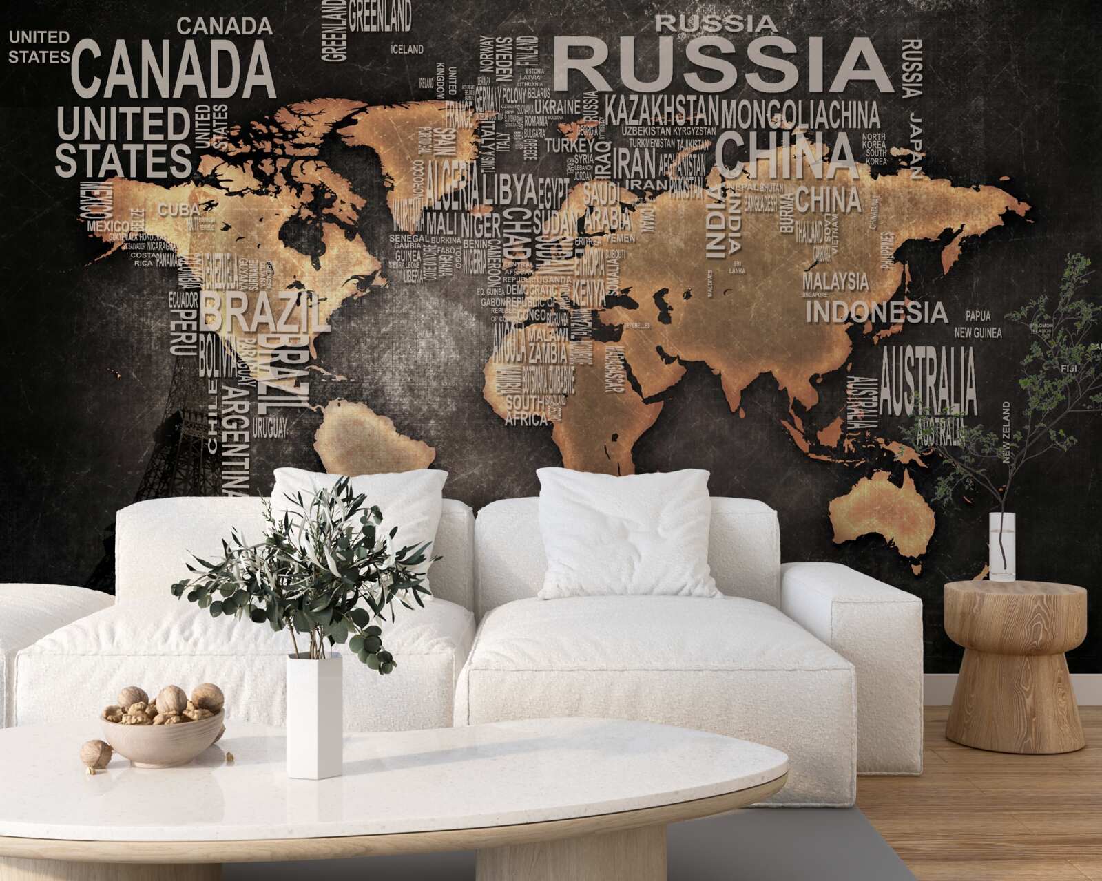 Fotobehang kaart van de wereld in donkere kleuren met de namen van de grootste staten