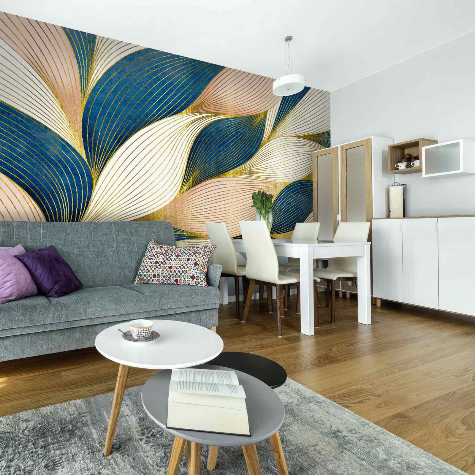 Fotobehang gevlochten blauwe en gouden bladeren