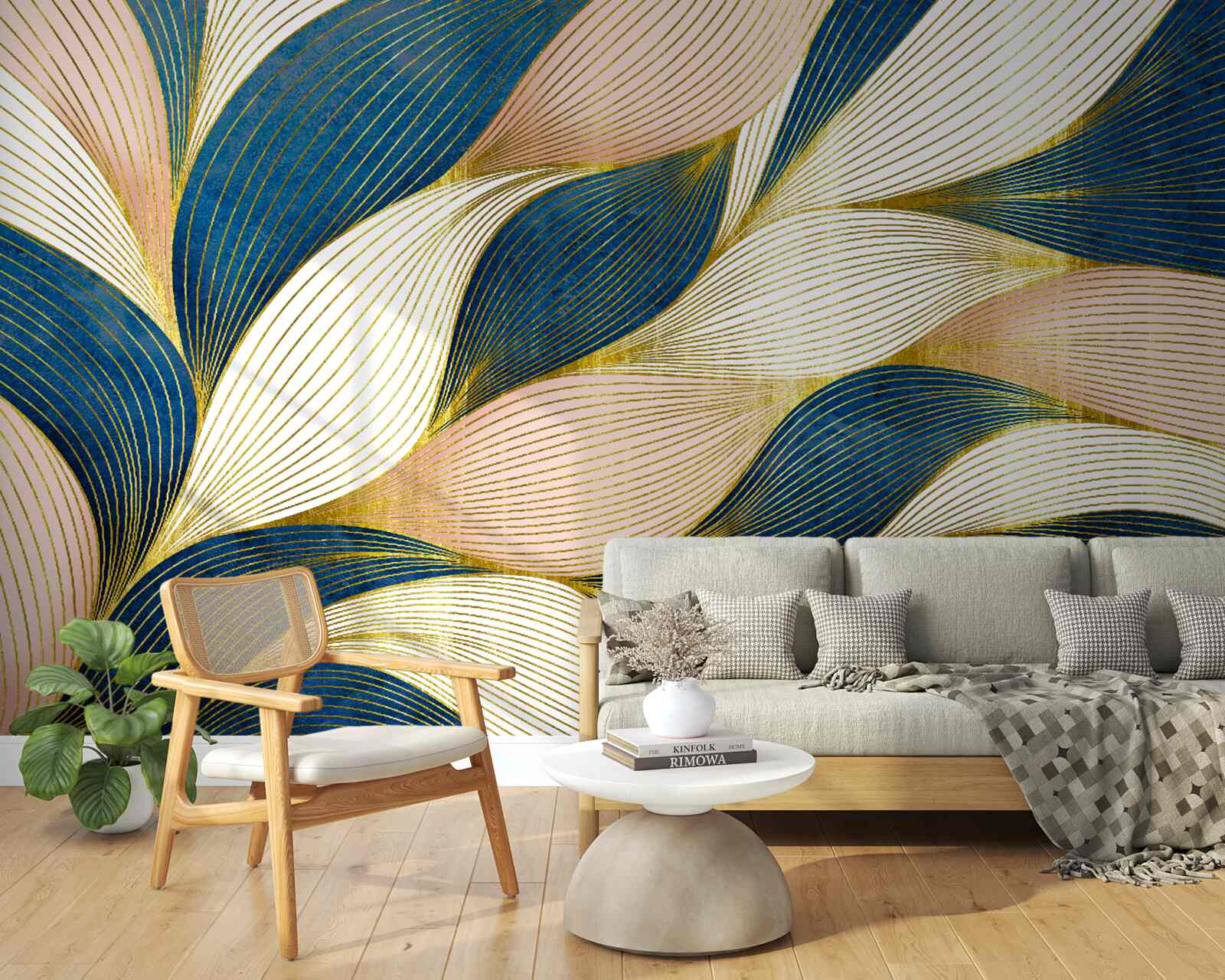 Fotobehang gevlochten blauwe en gouden bladeren