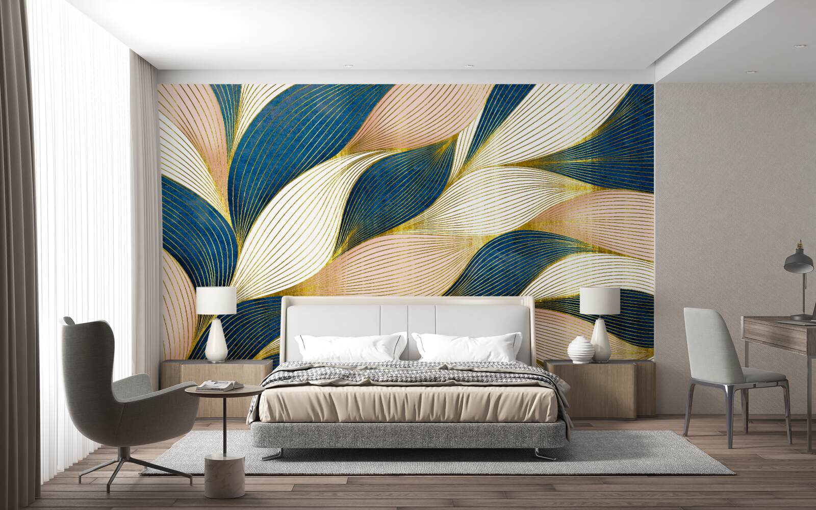 Fotobehang gevlochten blauwe en gouden bladeren