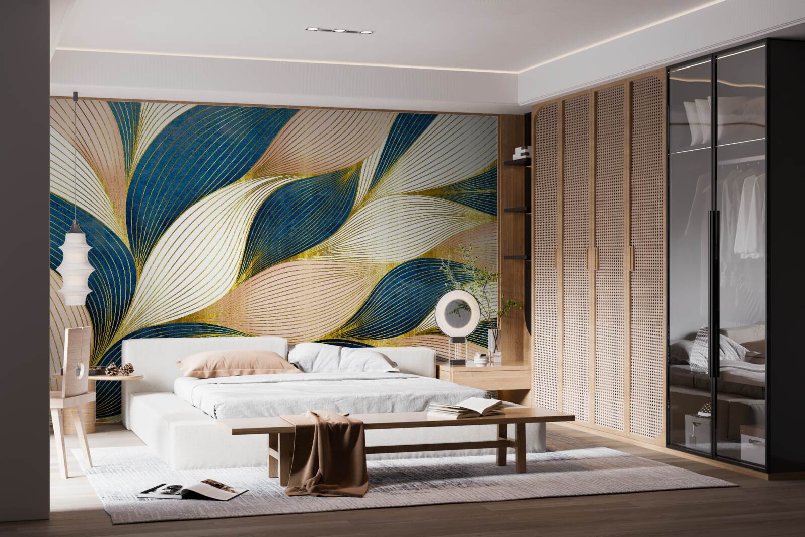 Fotobehang gevlochten blauwe en gouden bladeren