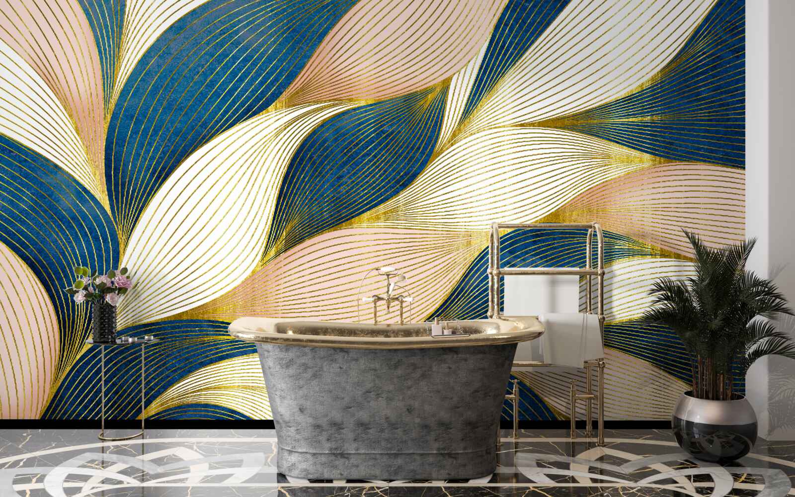 Fotobehang gevlochten blauwe en gouden bladeren