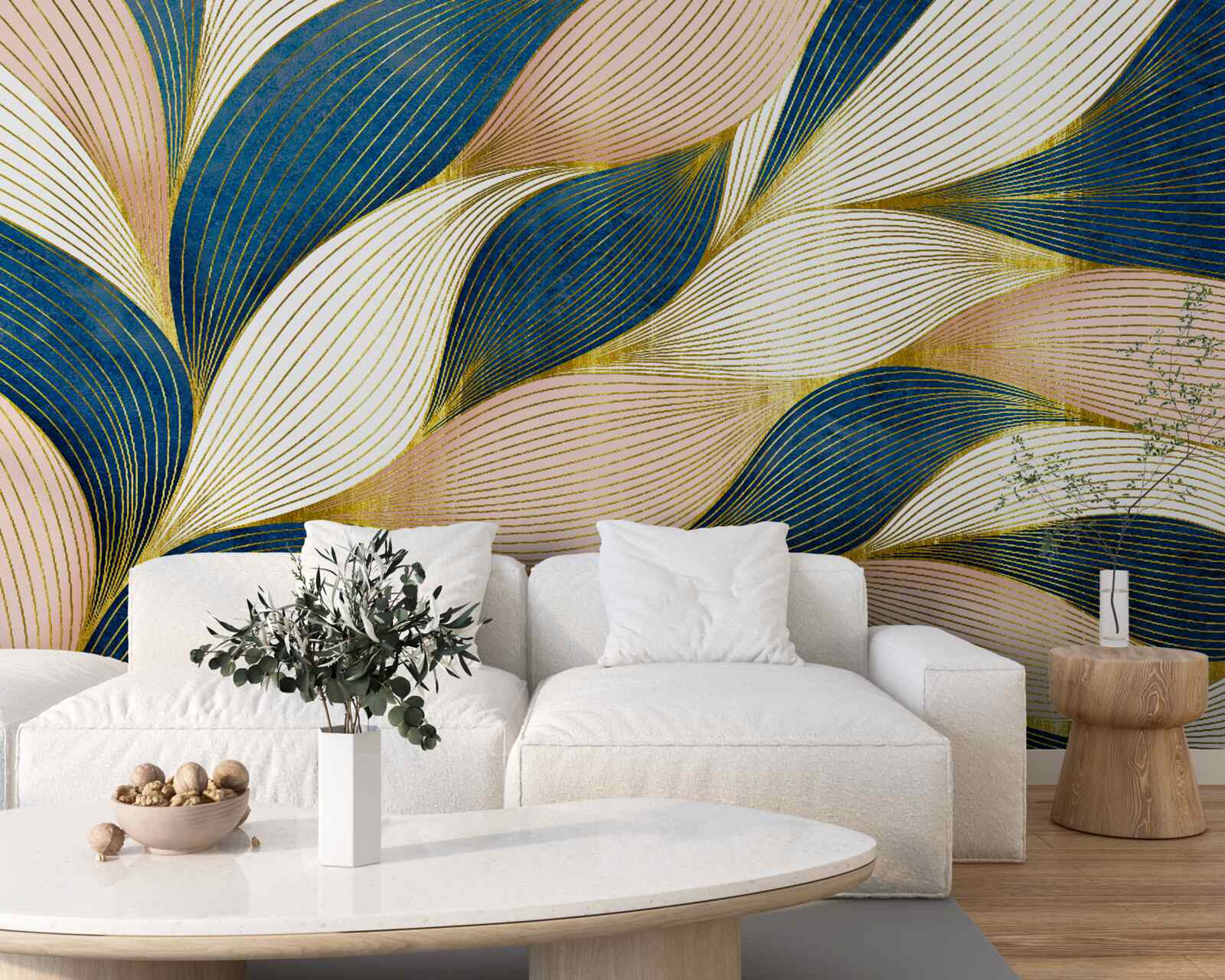 Fotobehang gevlochten blauwe en gouden bladeren