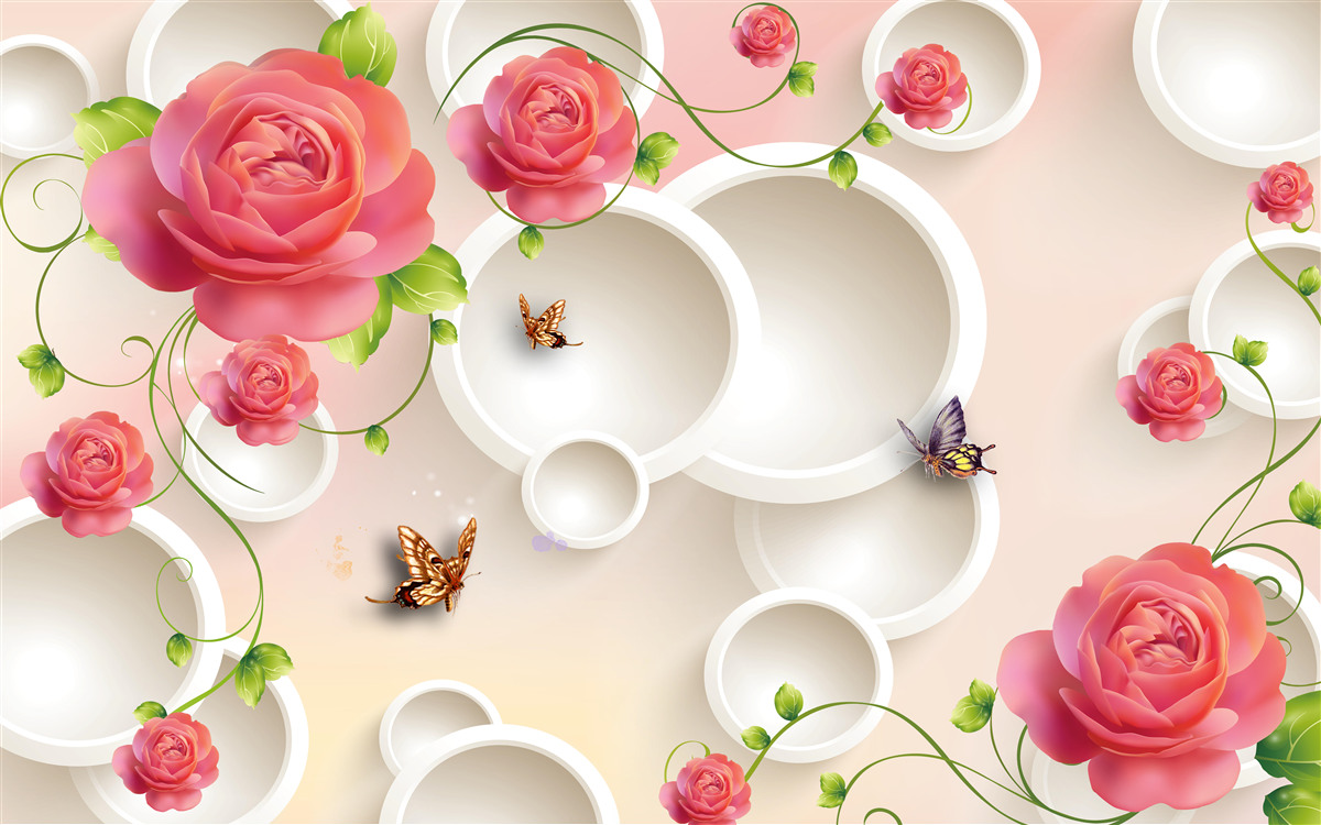 Fotobehang scharlakenrode rozenbloemen en witte cirkels