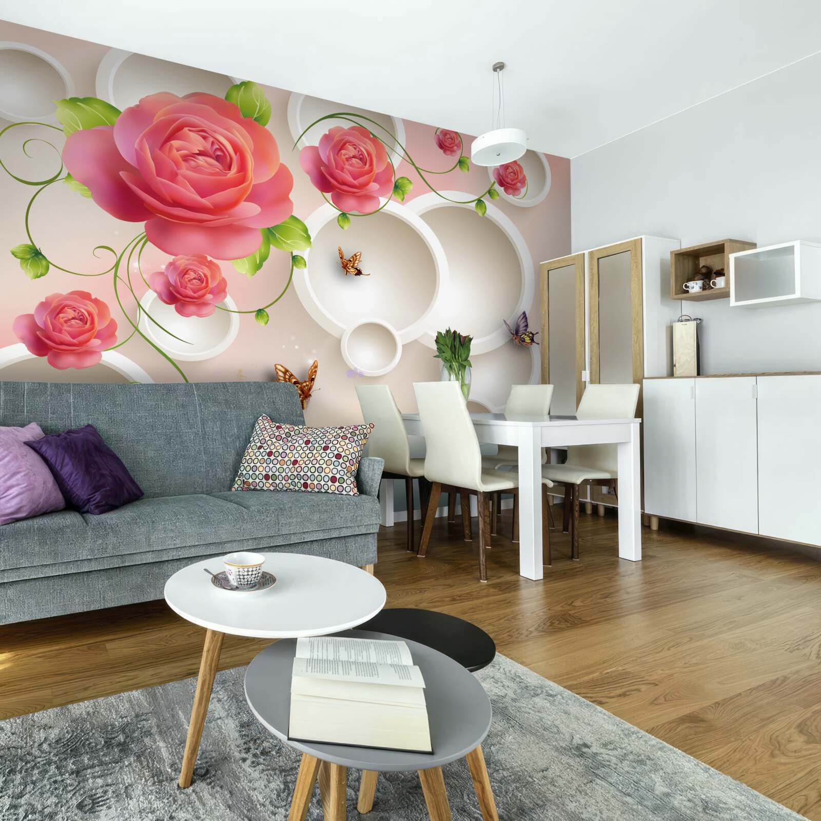 Fotobehang scharlakenrode rozenbloemen en witte cirkels