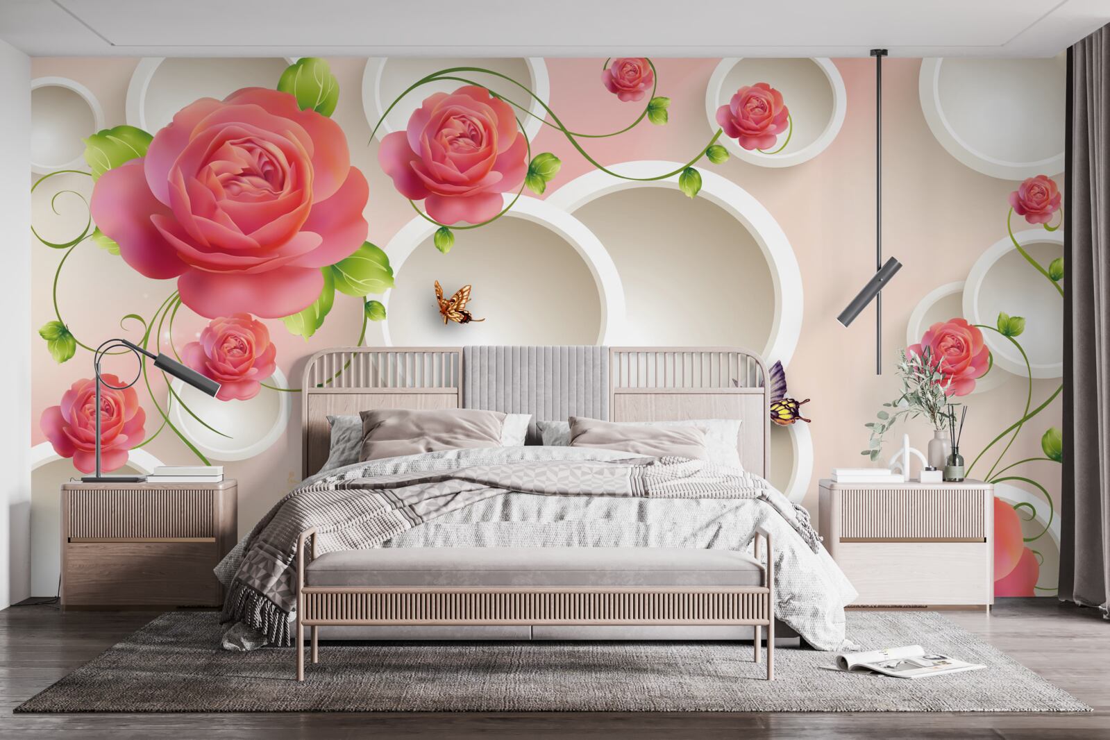 Fotobehang scharlakenrode rozenbloemen en witte cirkels