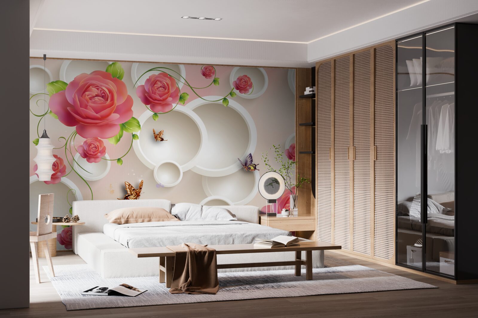 Fotobehang scharlakenrode rozenbloemen en witte cirkels