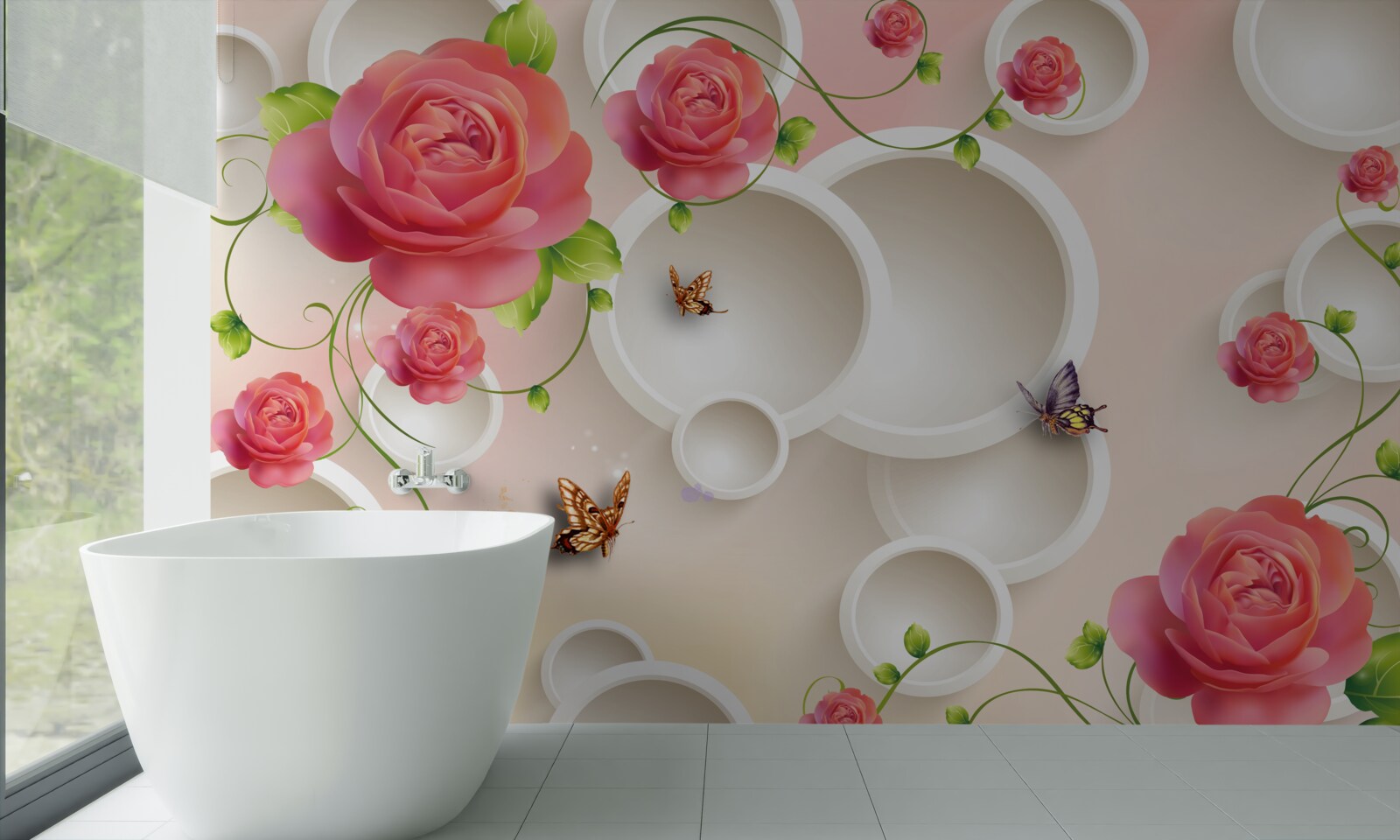 Fotobehang scharlakenrode rozenbloemen en witte cirkels