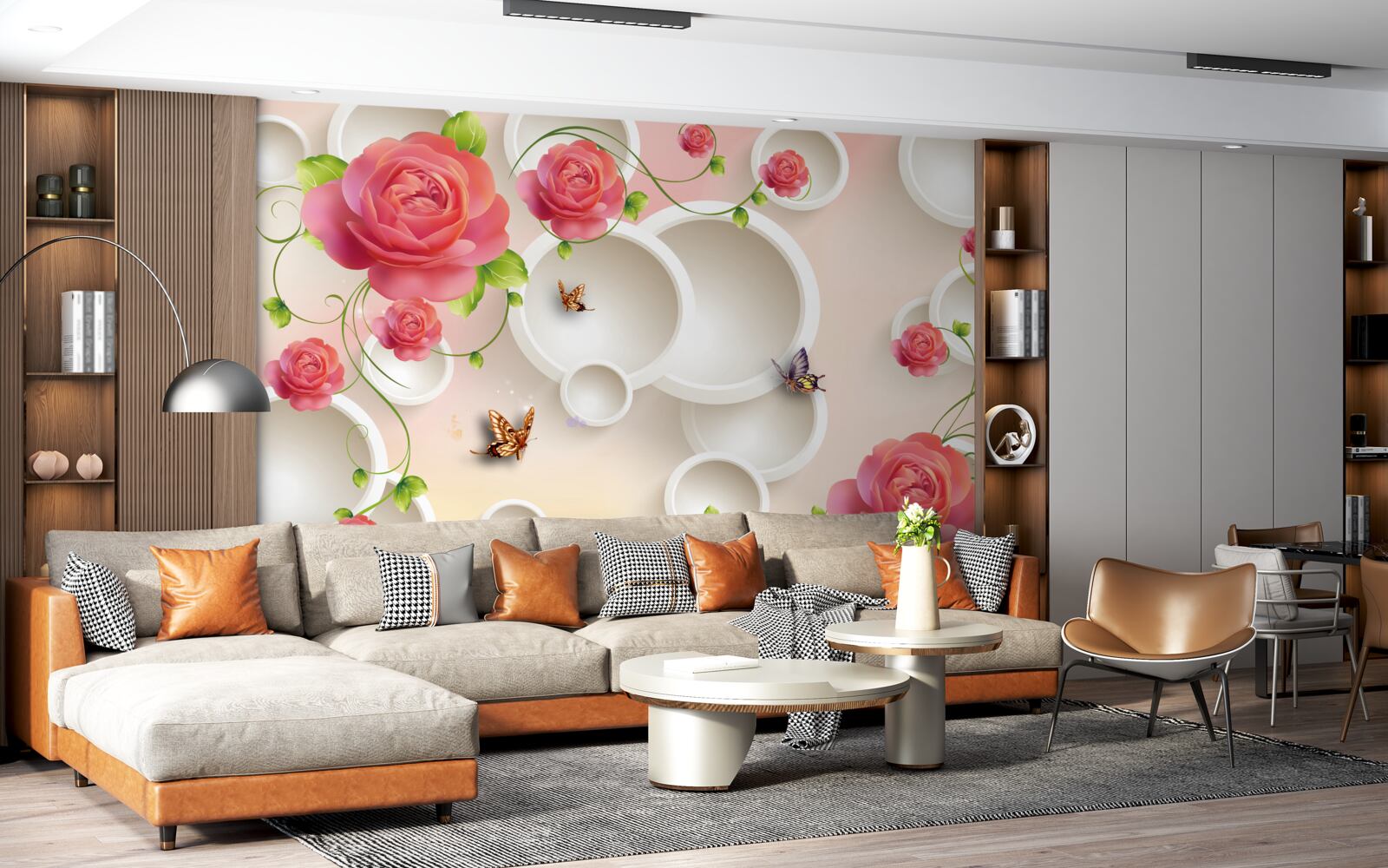 Fotobehang scharlakenrode rozenbloemen en witte cirkels