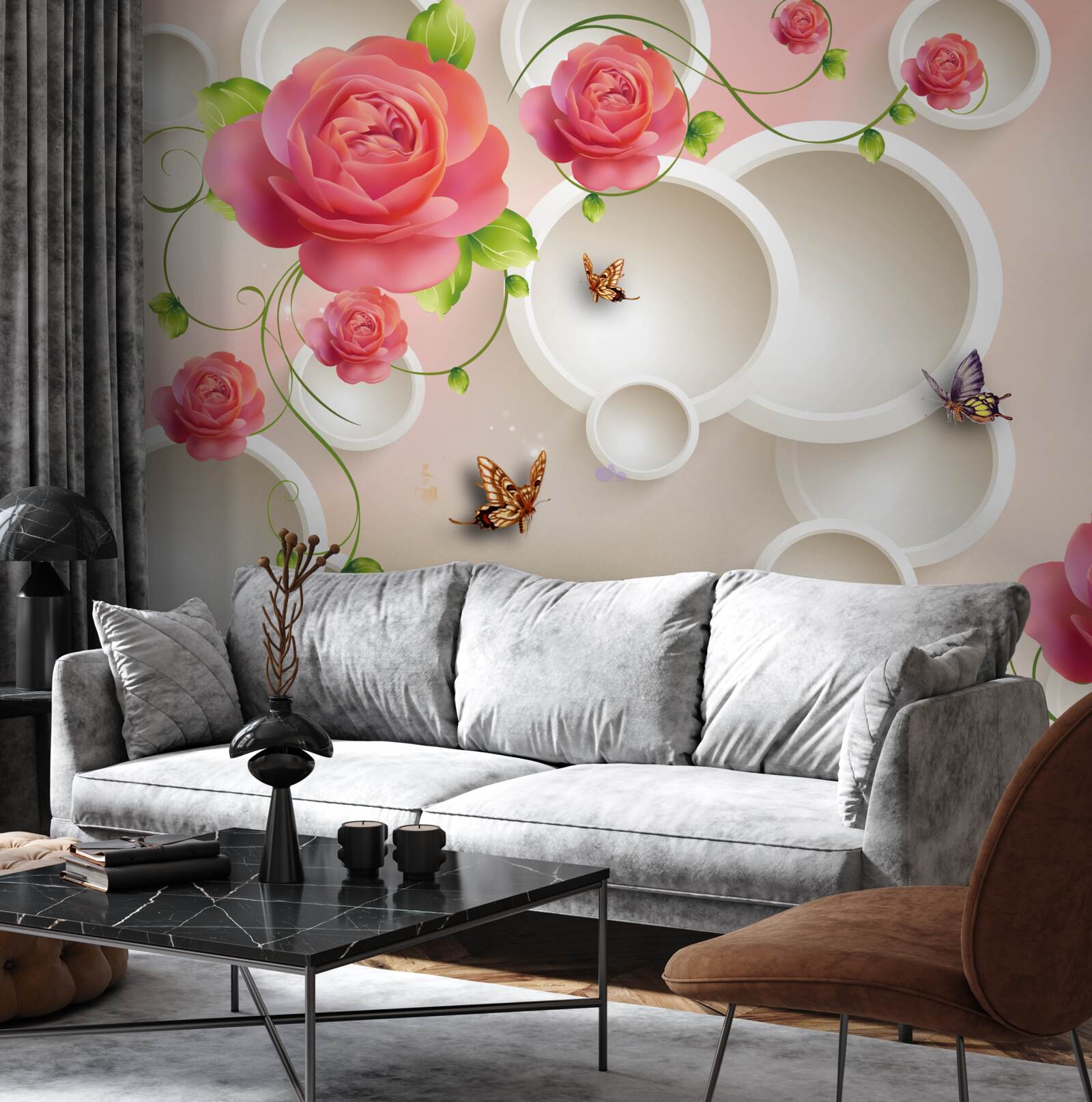 Fotobehang scharlakenrode rozenbloemen en witte cirkels