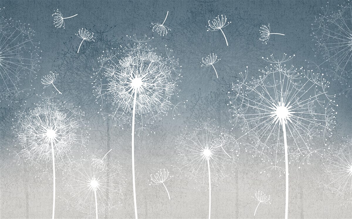 Fotobehang licht zwevende paardebloemvlucht bij schemering