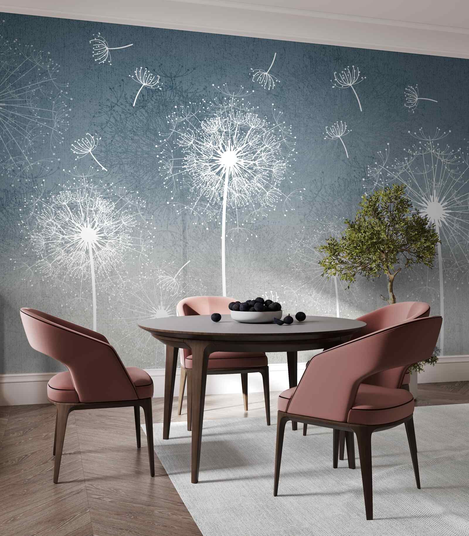 Fotobehang licht zwevende paardebloemvlucht bij schemering