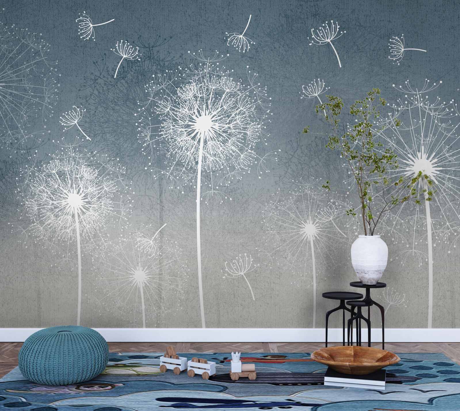 Fotobehang licht zwevende paardebloemvlucht bij schemering