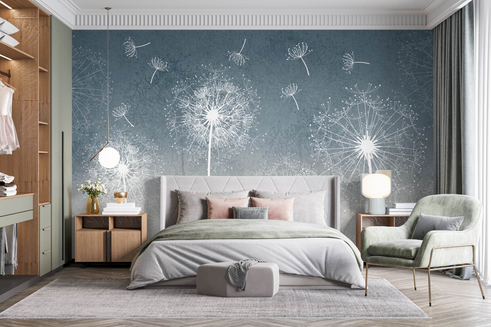 Fotobehang licht zwevende paardebloemvlucht bij schemering