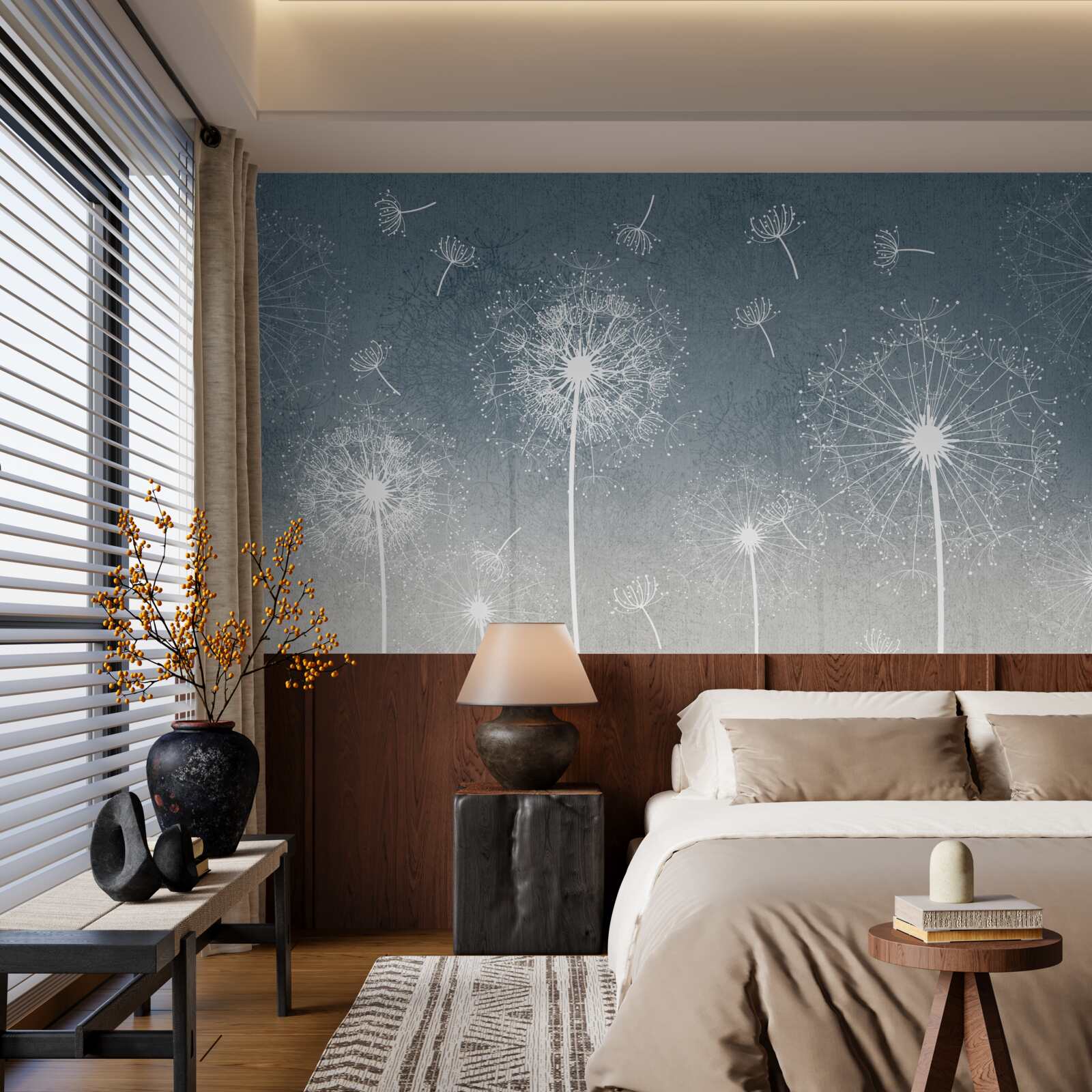 Fotobehang licht zwevende paardebloemvlucht bij schemering