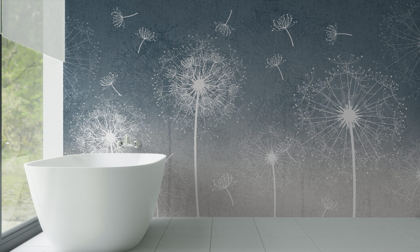 Fotobehang licht zwevende paardebloemvlucht bij schemering