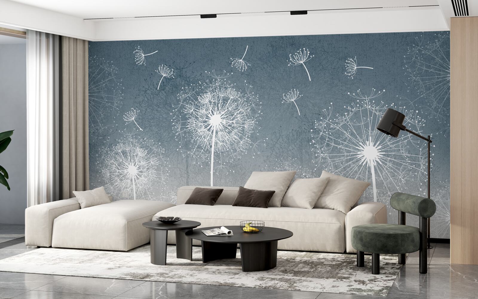 Fotobehang licht zwevende paardebloemvlucht bij schemering