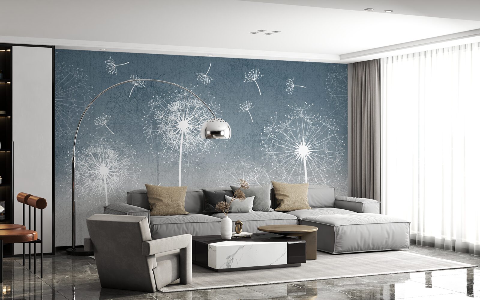 Fotobehang licht zwevende paardebloemvlucht bij schemering