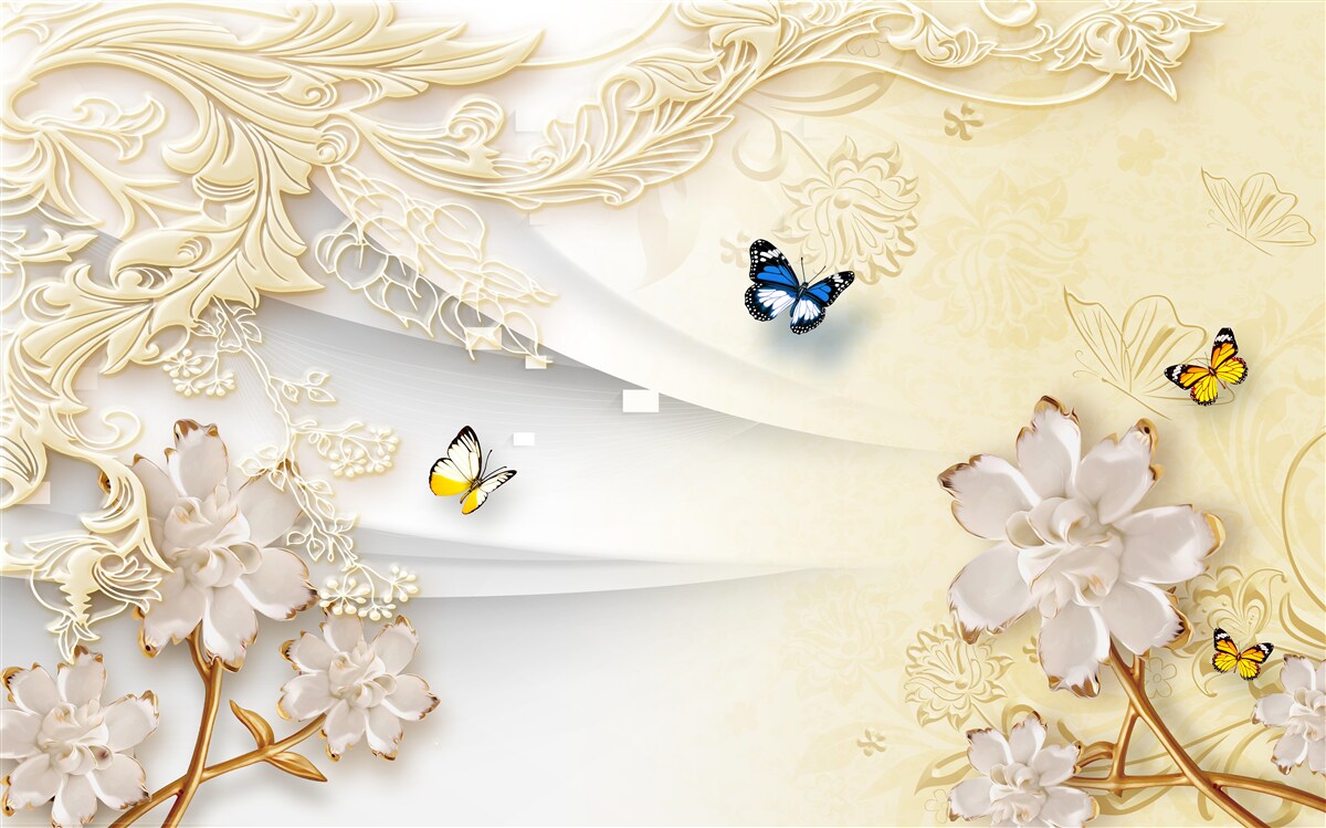 Fotobehang vlinders vliegen over takken met ontwikkelde bloemen