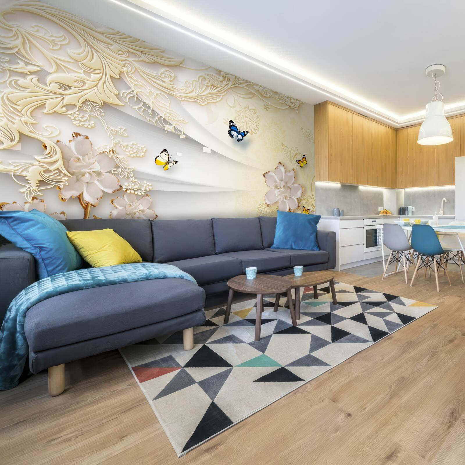 Fotobehang vlinders vliegen over takken met ontwikkelde bloemen