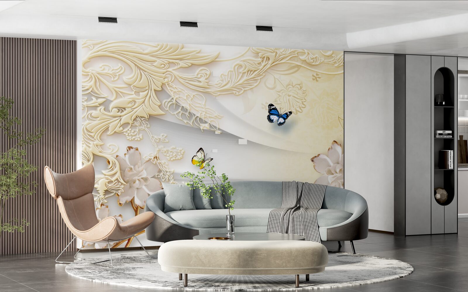 Fotobehang vlinders vliegen over takken met ontwikkelde bloemen