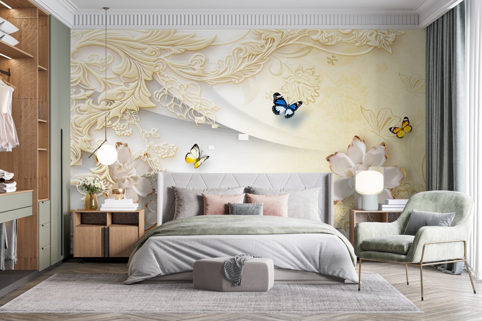 Fotobehang vlinders vliegen over takken met ontwikkelde bloemen