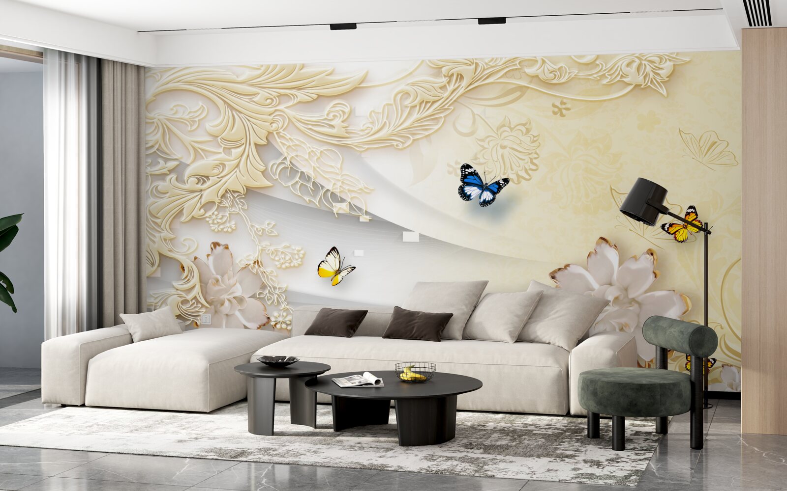 Fotobehang vlinders vliegen over takken met ontwikkelde bloemen