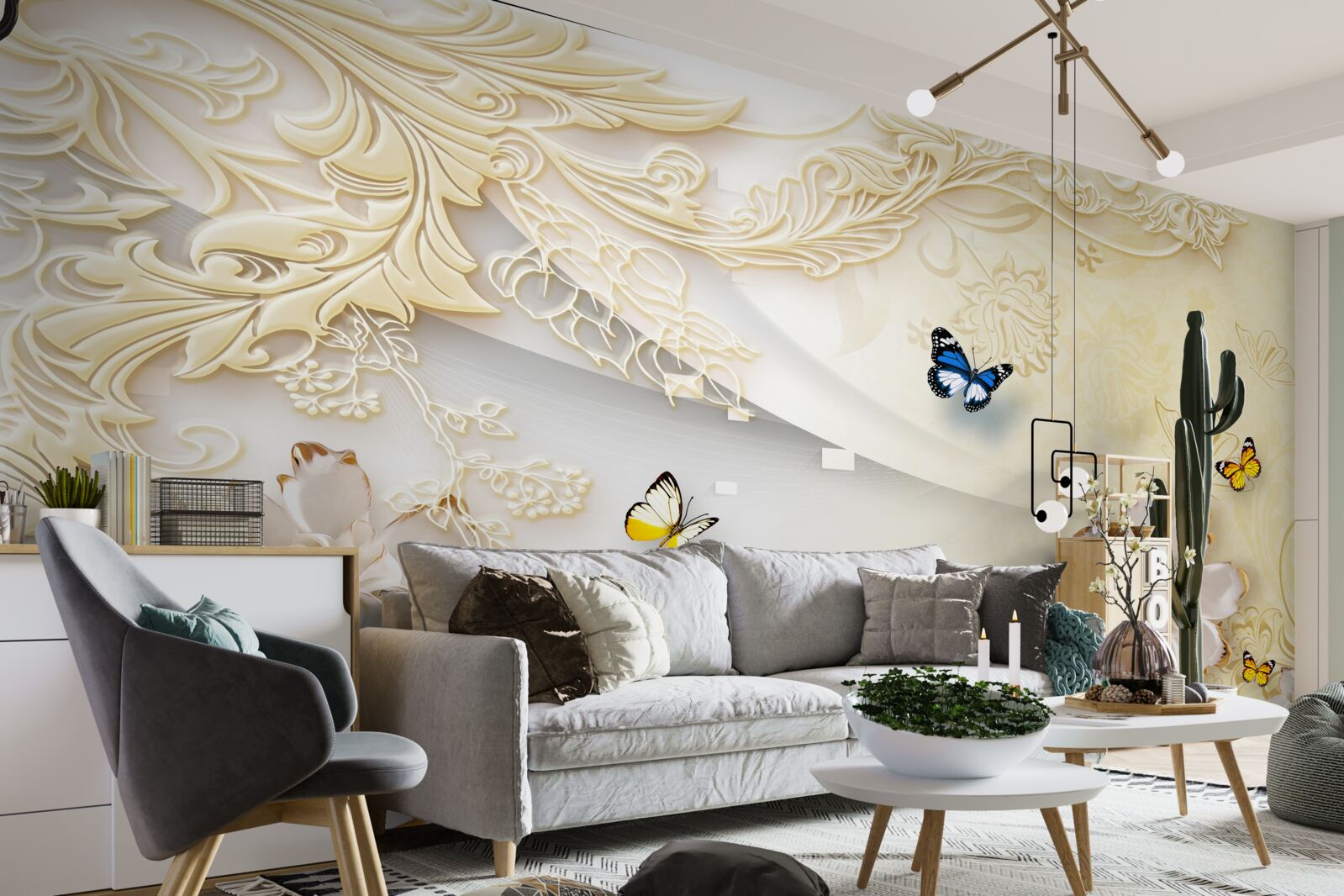 Fotobehang vlinders vliegen over takken met ontwikkelde bloemen