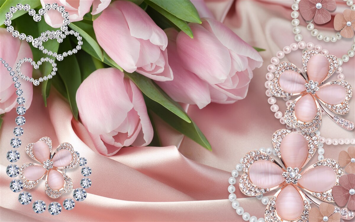 Fotobehang tulpen in roze, versierd met kralen op een zijden achtergrond