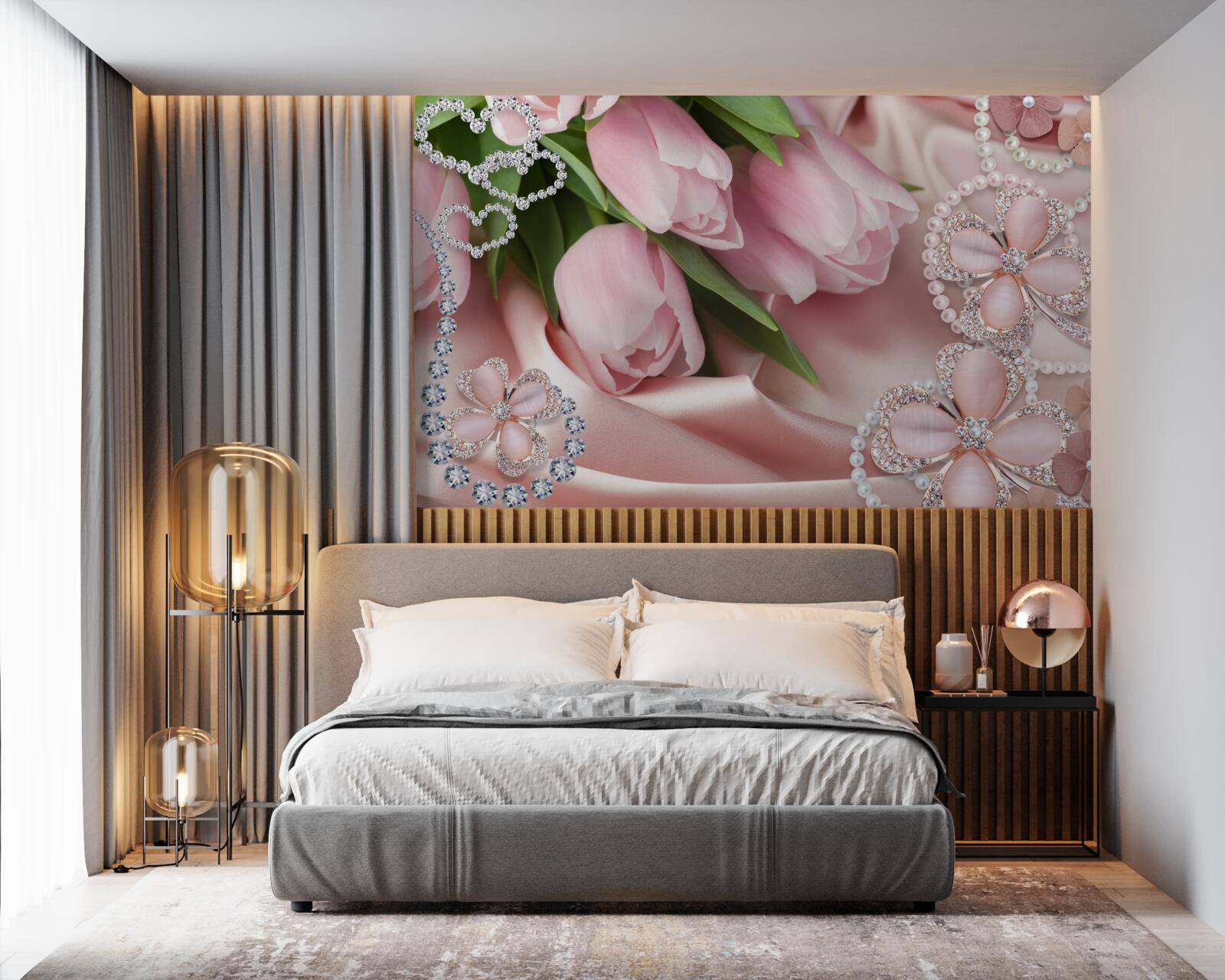 Fotobehang tulpen in roze, versierd met kralen op een zijden achtergrond