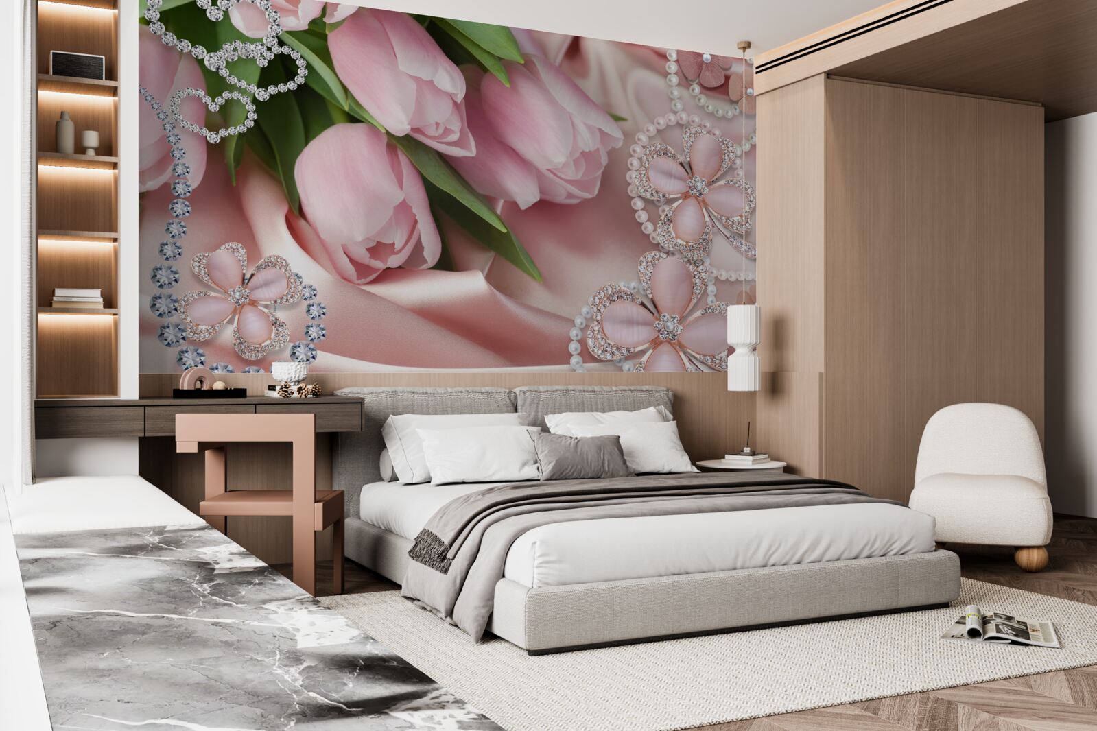 Fotobehang tulpen in roze, versierd met kralen op een zijden achtergrond