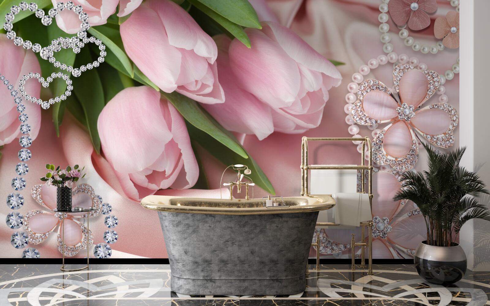 Fotobehang tulpen in roze, versierd met kralen op een zijden achtergrond