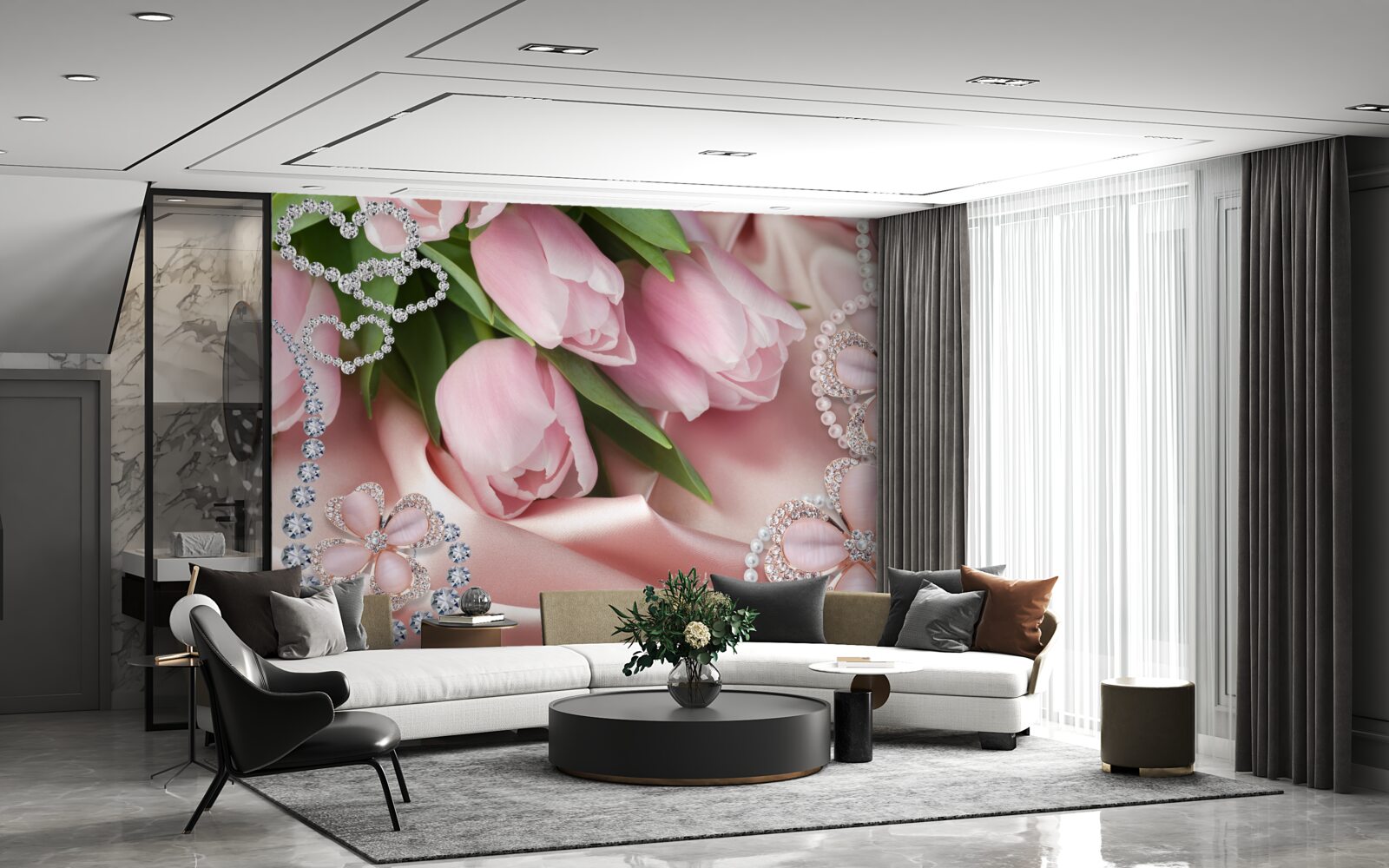 Fotobehang tulpen in roze, versierd met kralen op een zijden achtergrond