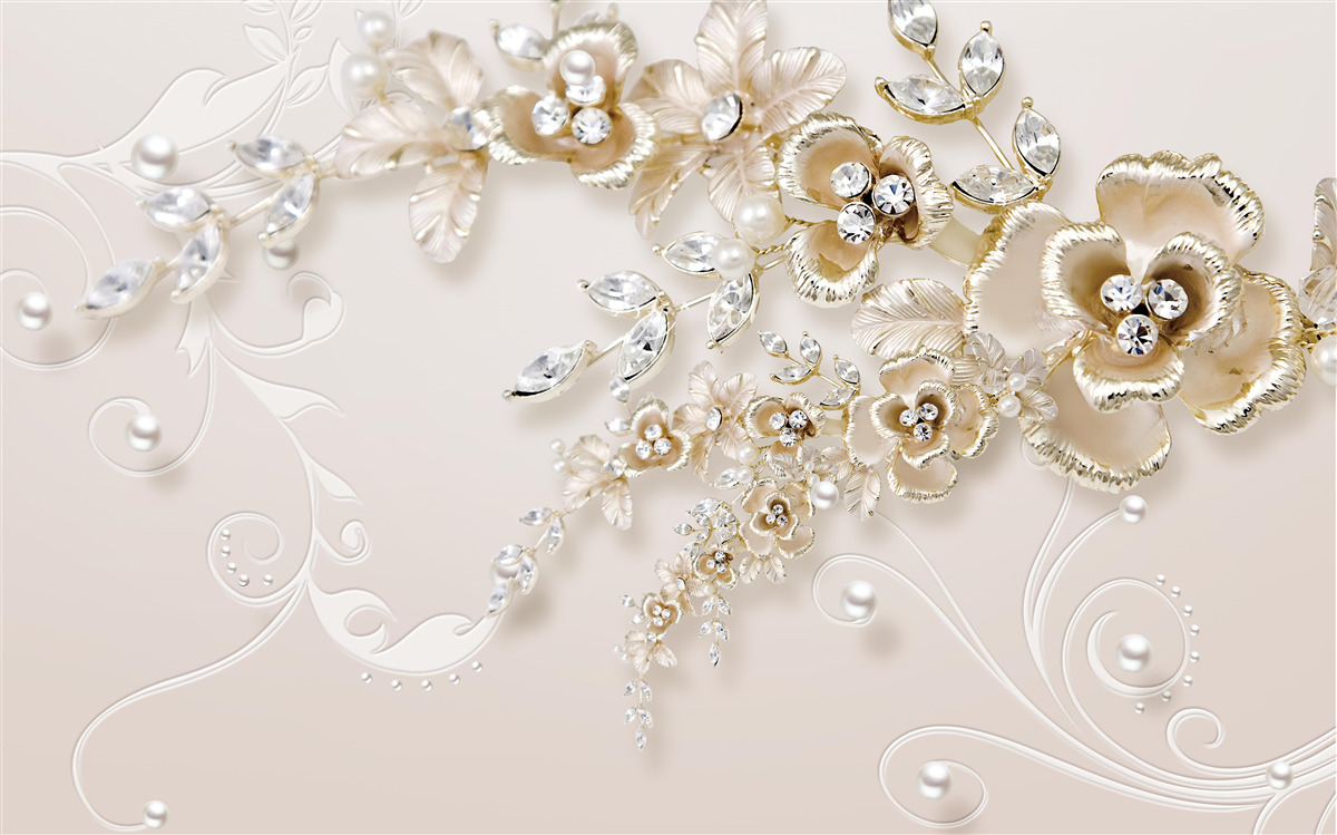 Fotobehang takken bloeiend goud, bezet met stenen