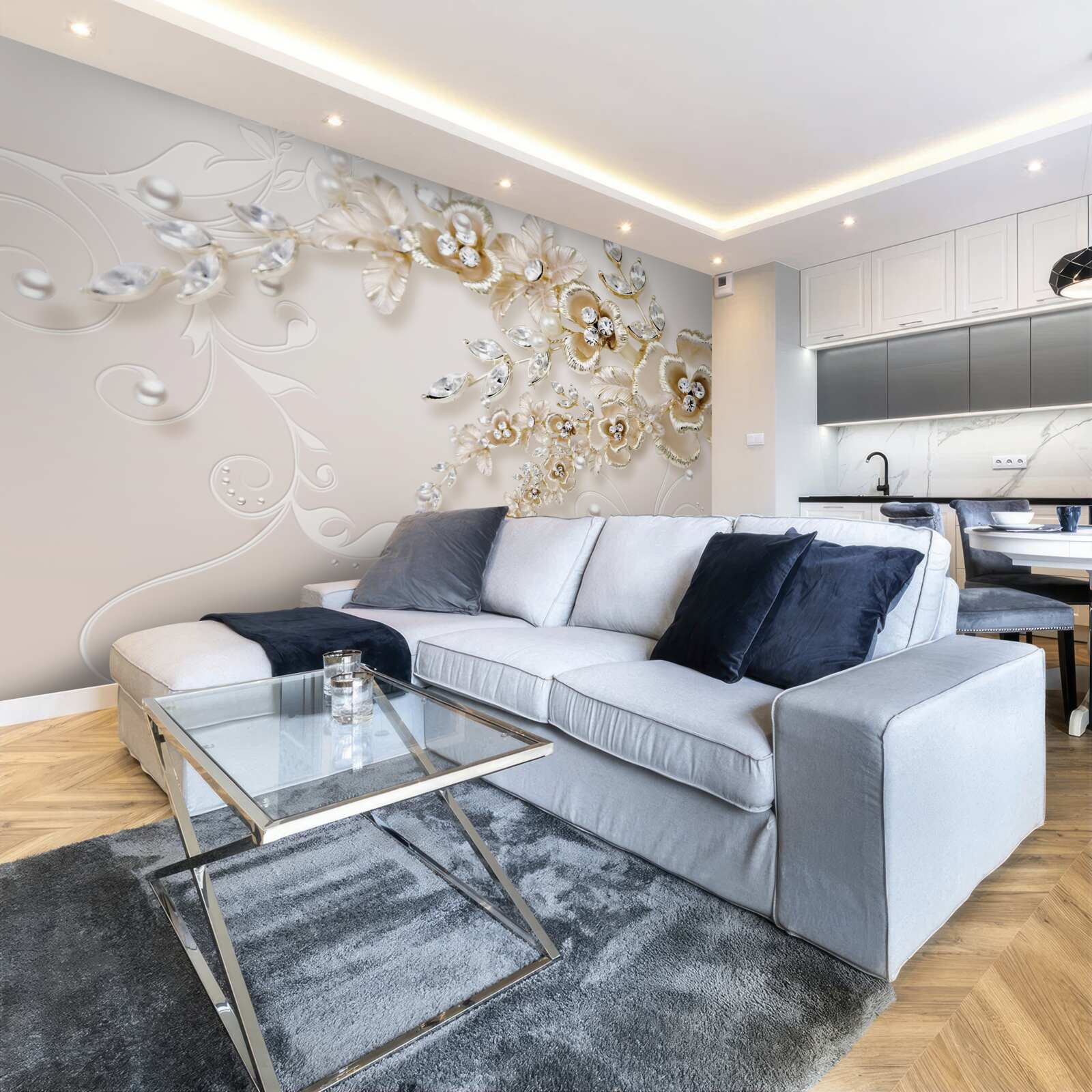 Fotobehang takken bloeiend goud, bezet met stenen