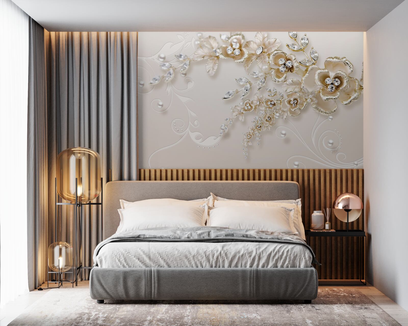 Fotobehang takken bloeiend goud, bezet met stenen