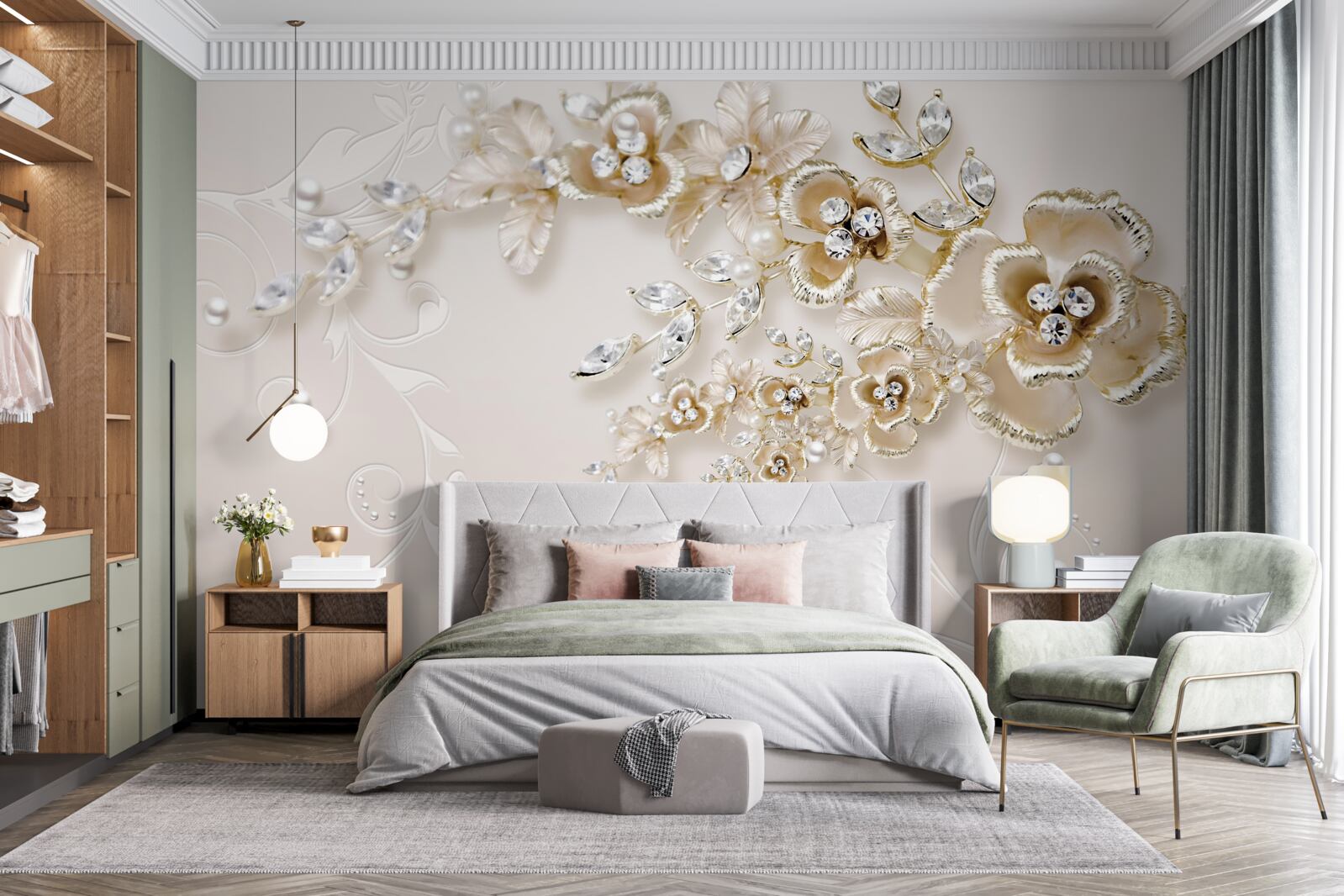 Fotobehang takken bloeiend goud, bezet met stenen