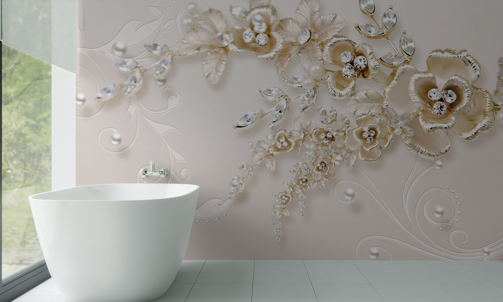 Fotobehang takken bloeiend goud, bezet met stenen