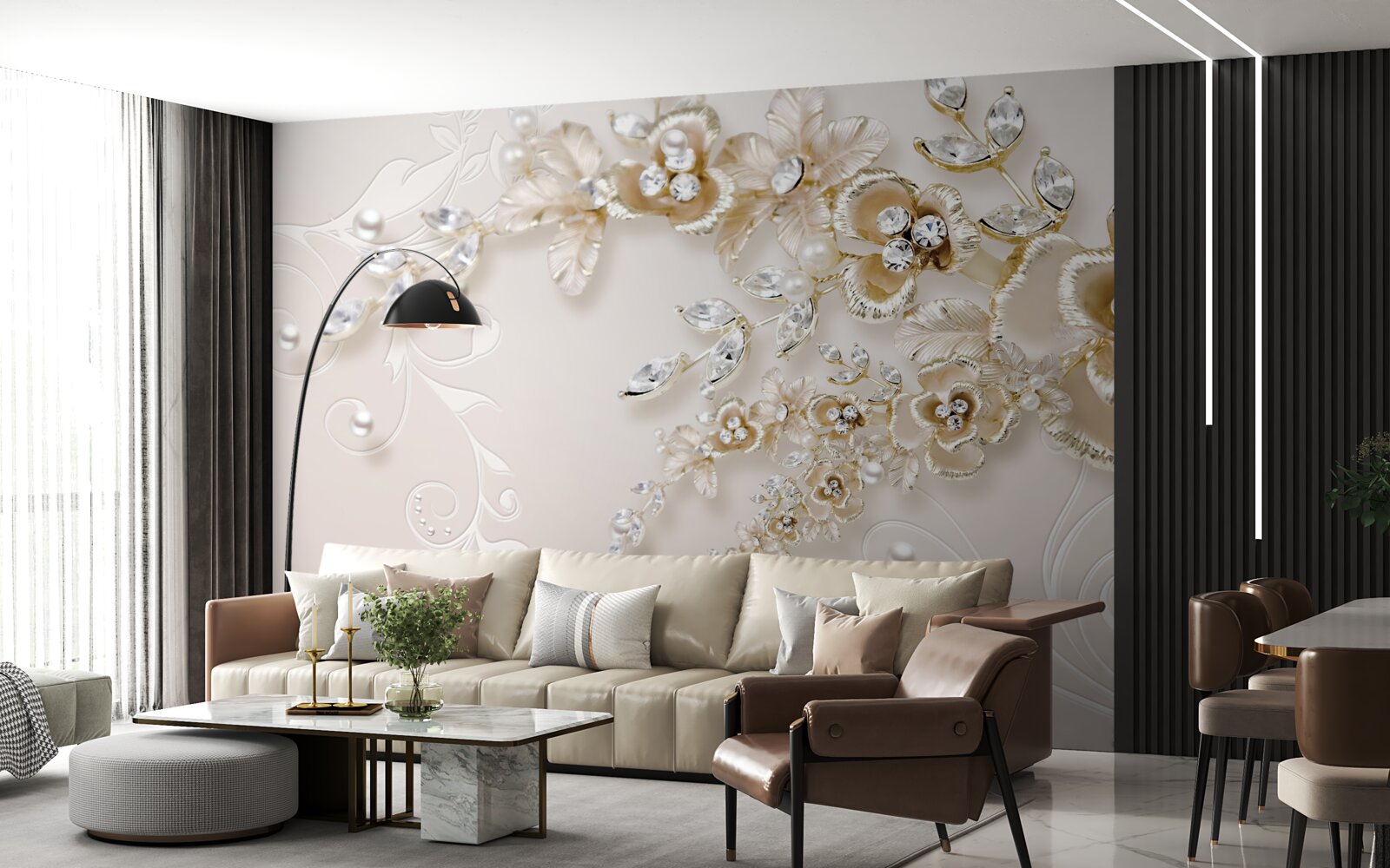 Fotobehang takken bloeiend goud, bezet met stenen