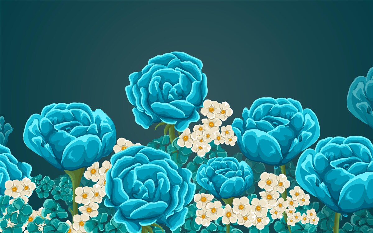 Fotobehang de madeliefjes zijn sneeuwwit en miniatuur en de rozen zijn lichtblauw