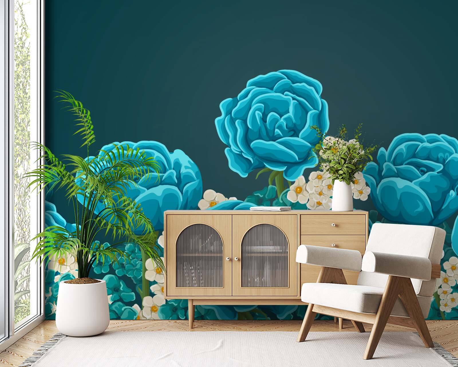 Fotobehang de madeliefjes zijn sneeuwwit en miniatuur en de rozen zijn lichtblauw