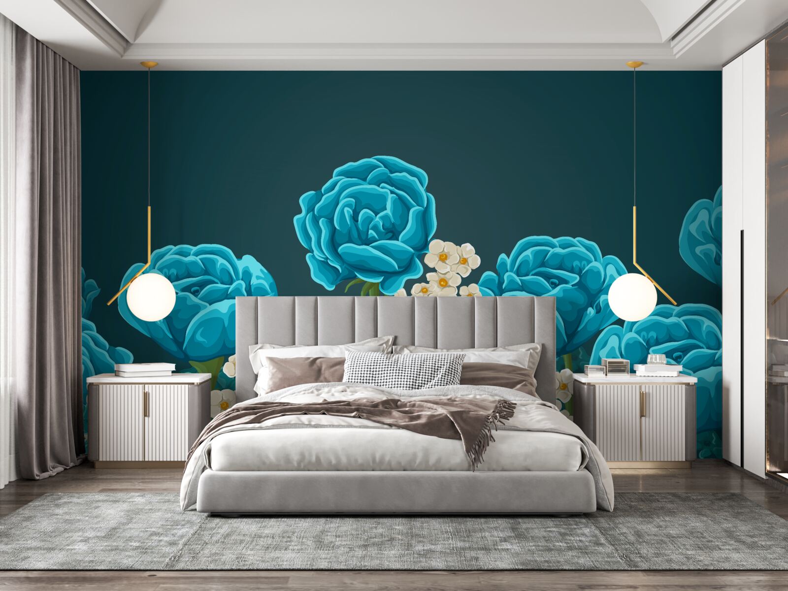 Fotobehang de madeliefjes zijn sneeuwwit en miniatuur en de rozen zijn lichtblauw