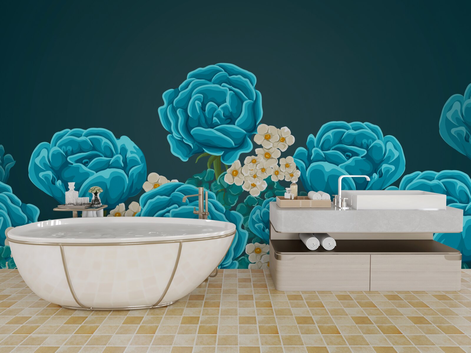 Fotobehang de madeliefjes zijn sneeuwwit en miniatuur en de rozen zijn lichtblauw