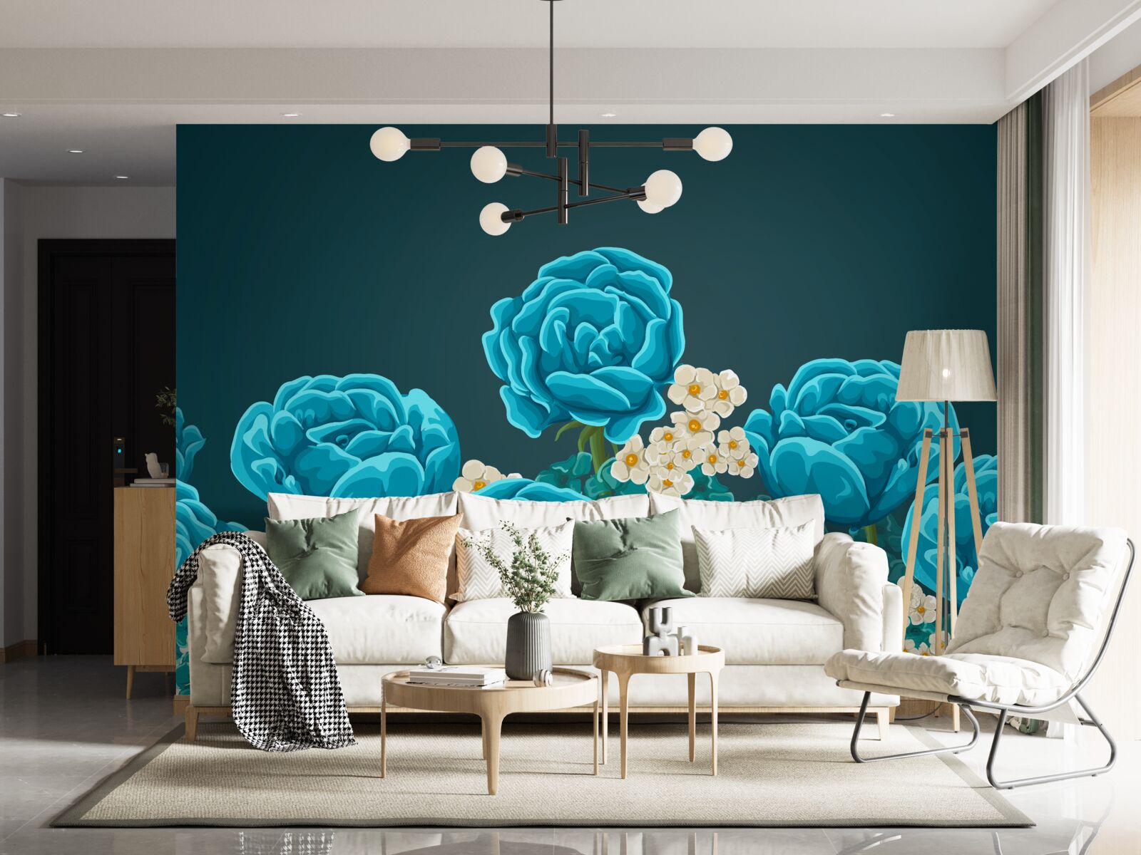 Fotobehang de madeliefjes zijn sneeuwwit en miniatuur en de rozen zijn lichtblauw