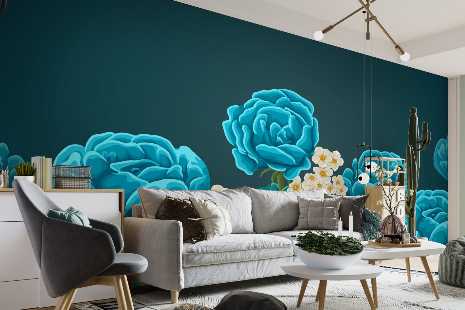 Fotobehang de madeliefjes zijn sneeuwwit en miniatuur en de rozen zijn lichtblauw