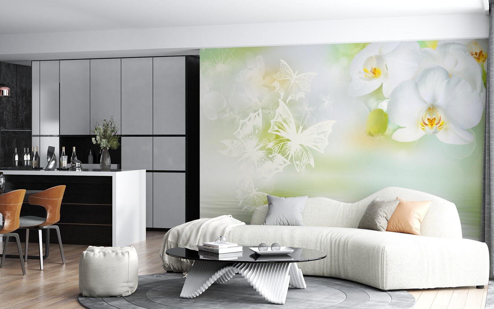 Fotobehang Sneeuwwitte orchideeën weerspiegeld in het water